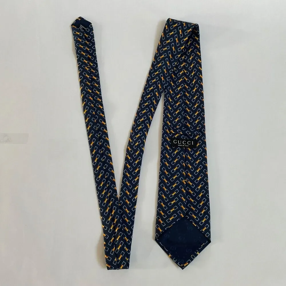 VTG Gucci Silk Tie Chain Link Geometric Navy Blue Orange Italy Luxury Classic